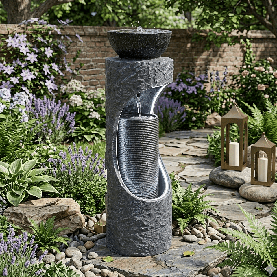Serene Illuminated Pillar Outdoor Fountain Grey 30x30x102Cm - Image 3