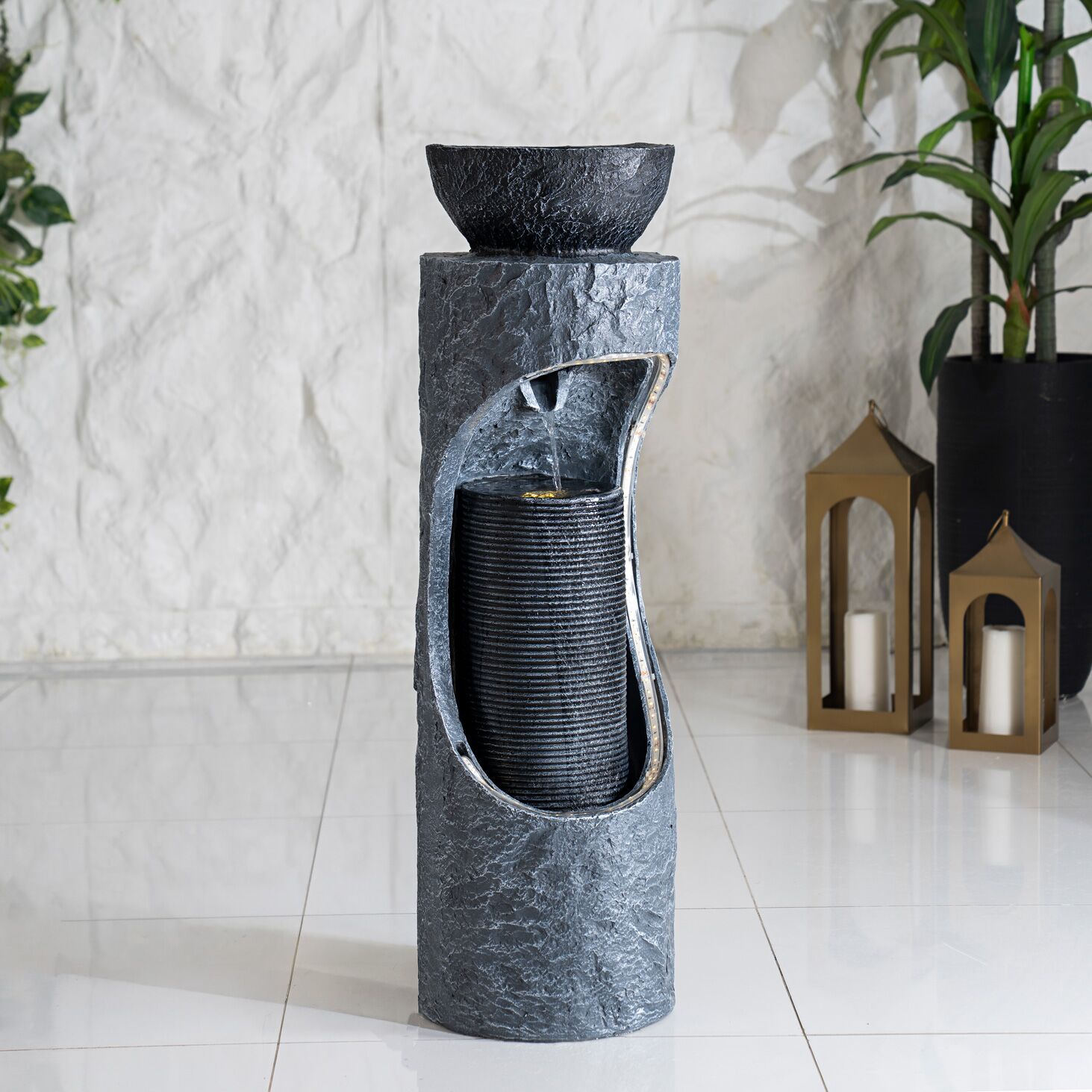 Serene Illuminated Pillar Outdoor Fountain Grey 30x30x102Cm - Image 4