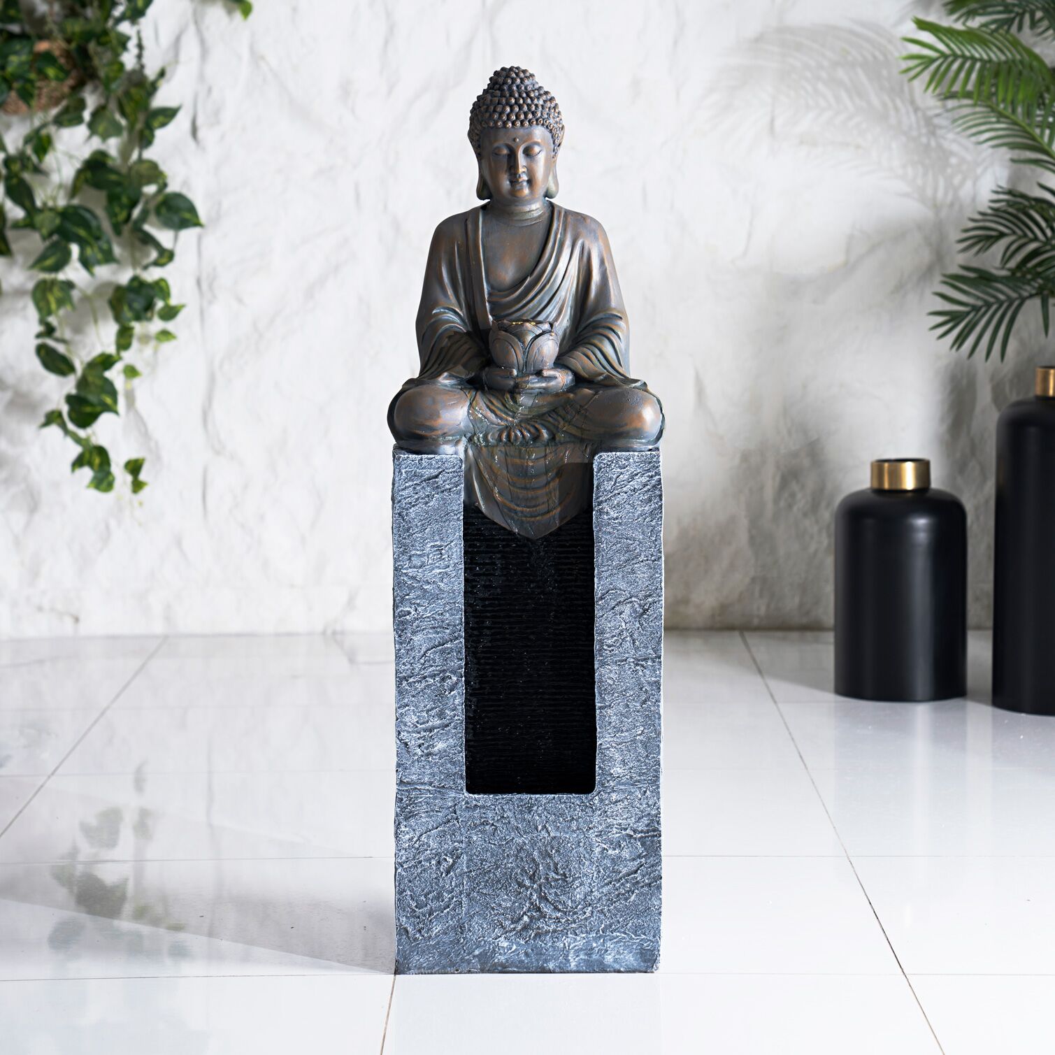 Serene Meditating Buddha Outdoor Waterfall Fountain Grey 32x25x108Cm