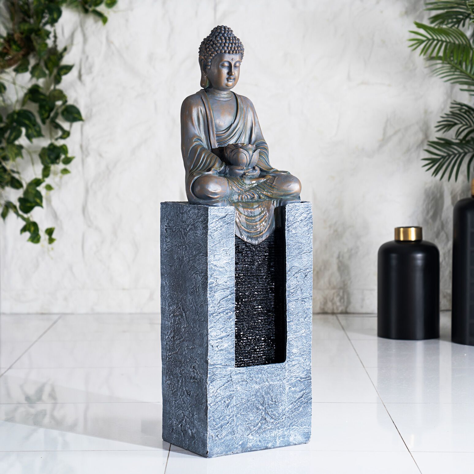 Serene Meditating Buddha Outdoor Waterfall Fountain Grey 32x25x108Cm - Image 3