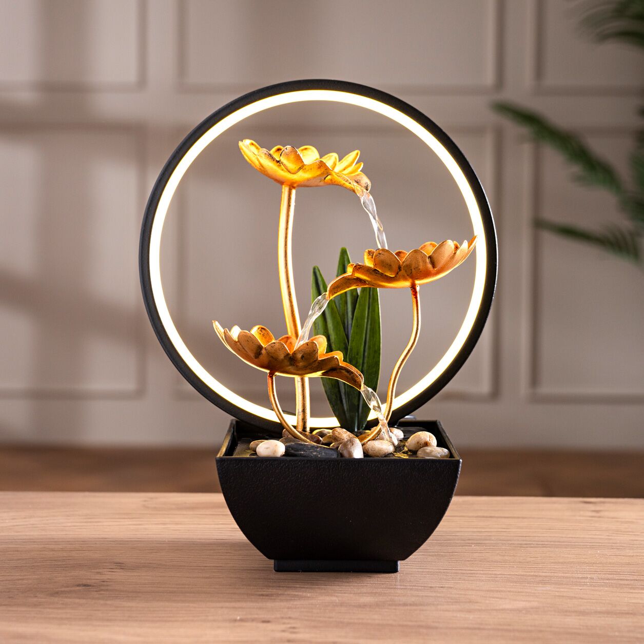 Rivulet Lotus Flower Metal Indoor Fountain With Ring LED Gold 22X13X28Cm - Image 3
