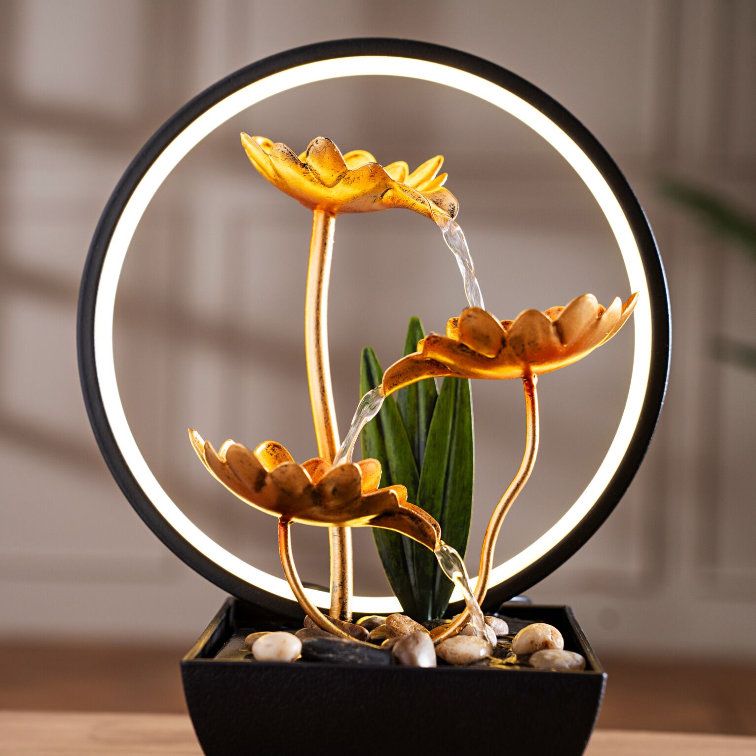Rivulet Lotus Flower Metal Indoor Fountain With Ring LED Gold 22X13X28Cm - Image 4