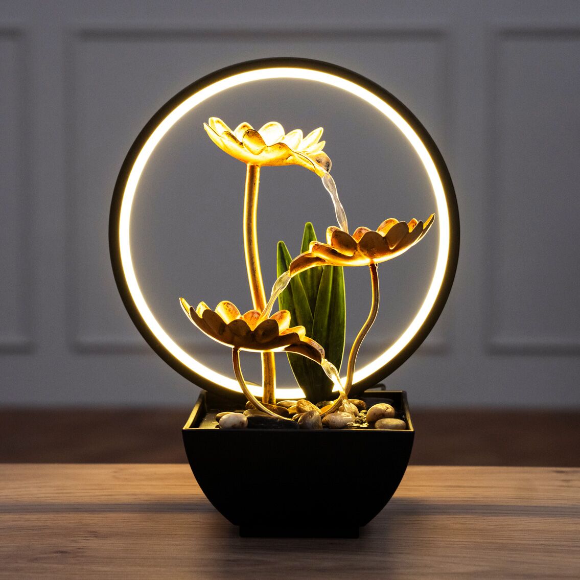 Rivulet Lotus Flower Metal Indoor Fountain With Ring LED Gold 22X13X28Cm - Image 5