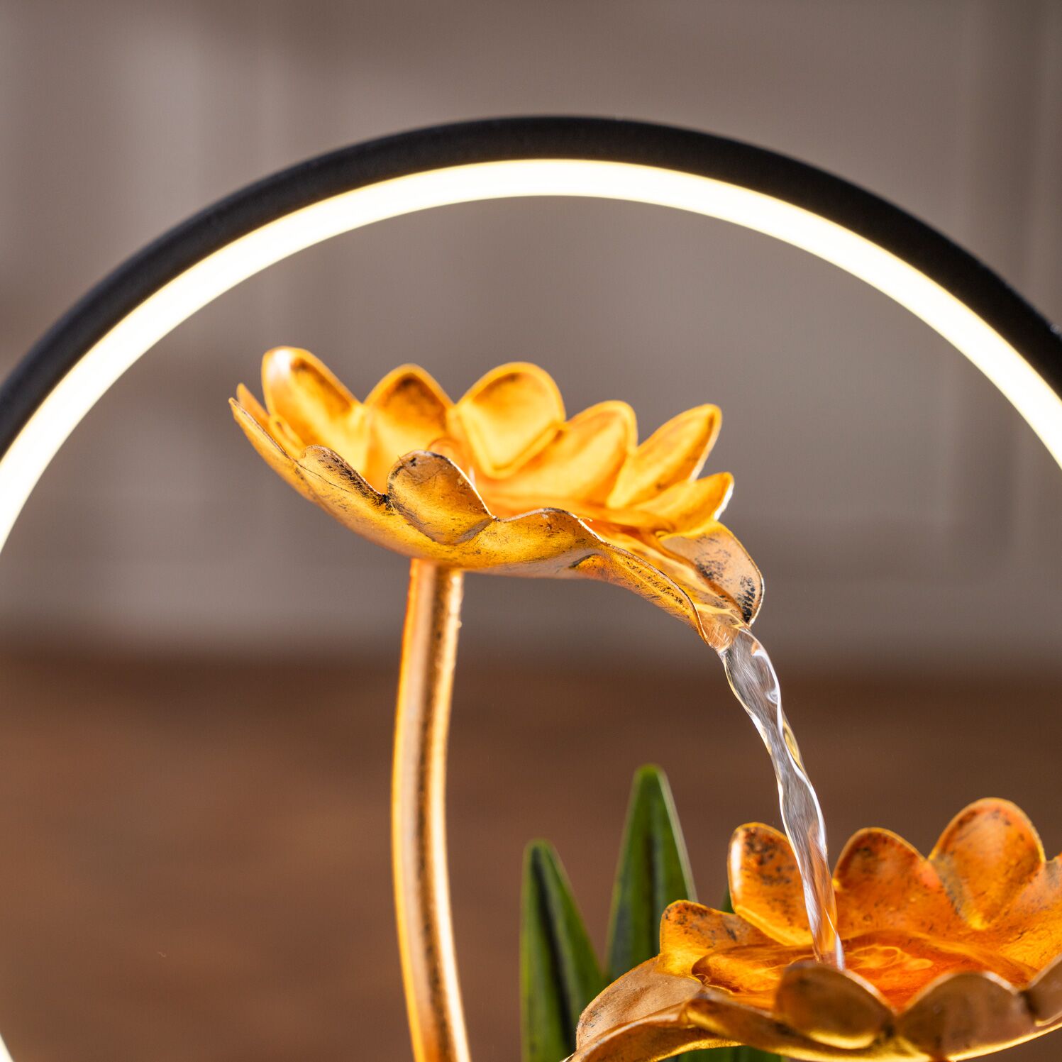 Rivulet Lotus Flower Metal Indoor Fountain With Ring LED Gold 22X13X28Cm - Image 6