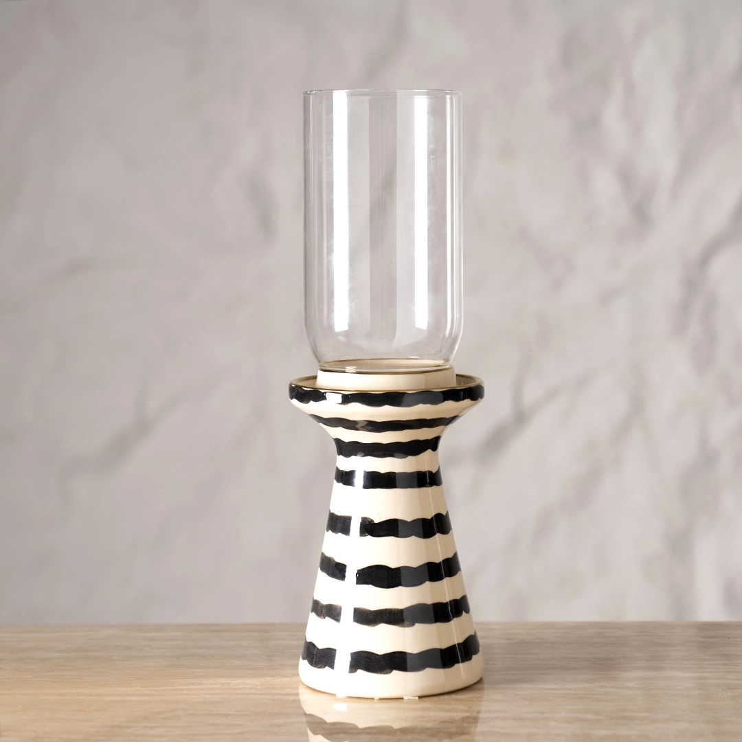 Auric Ceramic Candle Holder Cream/Black 12.5x12.5x35.5Cm