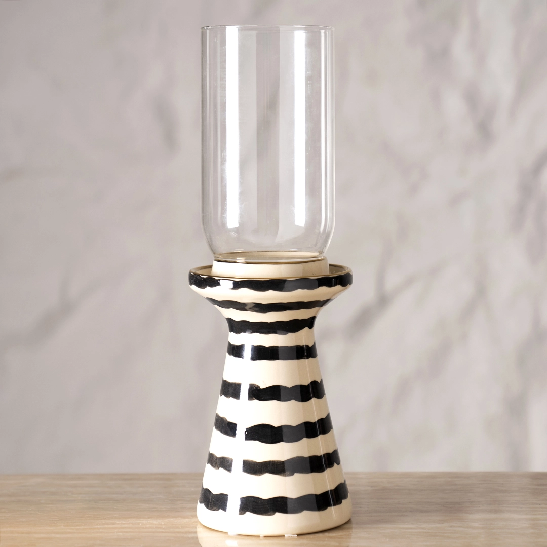 Auric Ceramic Candle Holder Cream/Black 12.5x12.5x35.5Cm - Image 2