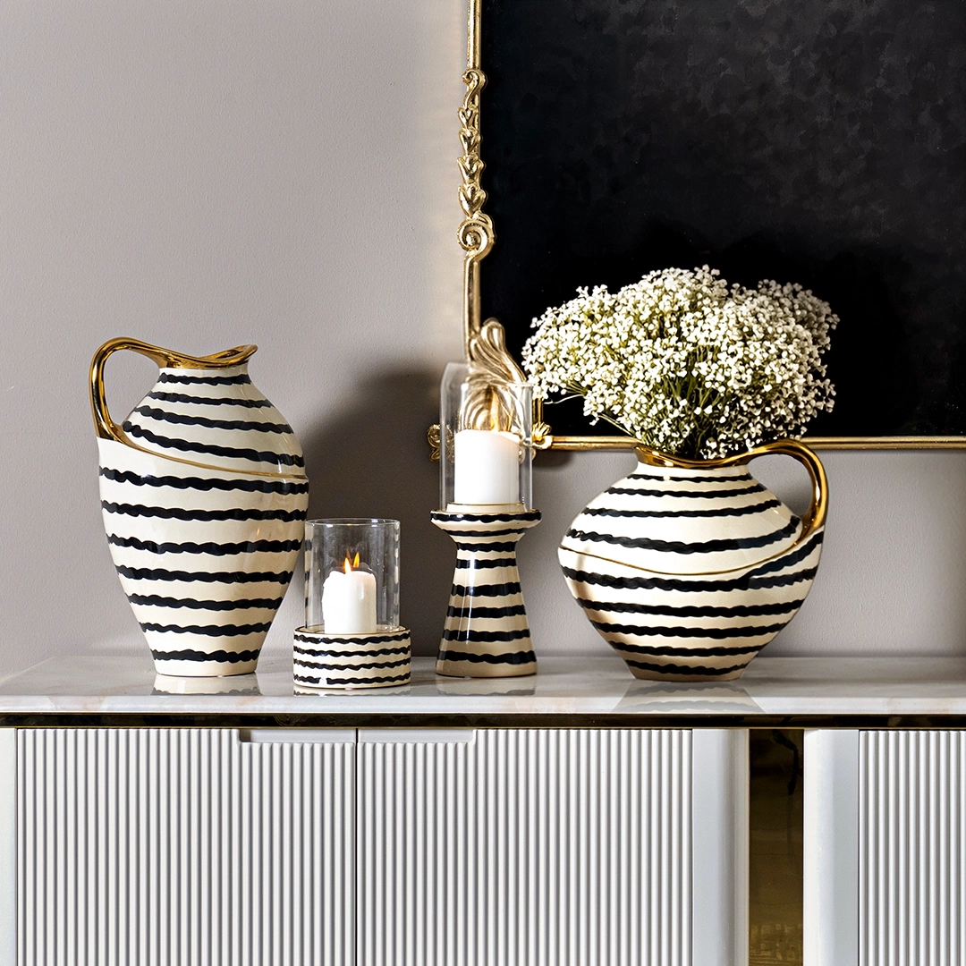 Auric Ceramic Candle Holder Cream/Black 12.5x12.5x35.5Cm - Image 4