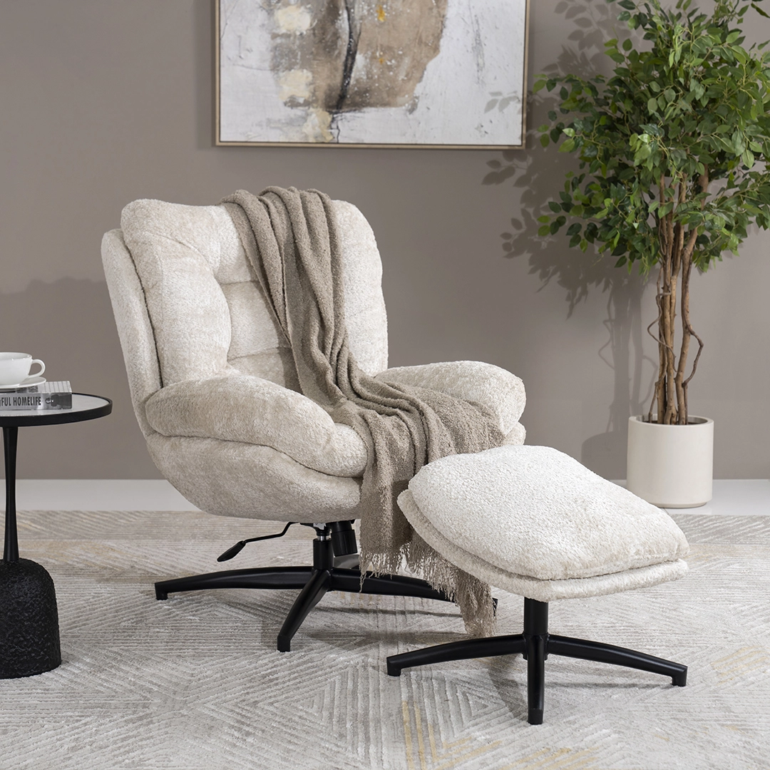 Scandi Lounge Chair with Footstool-Off White - Image 4